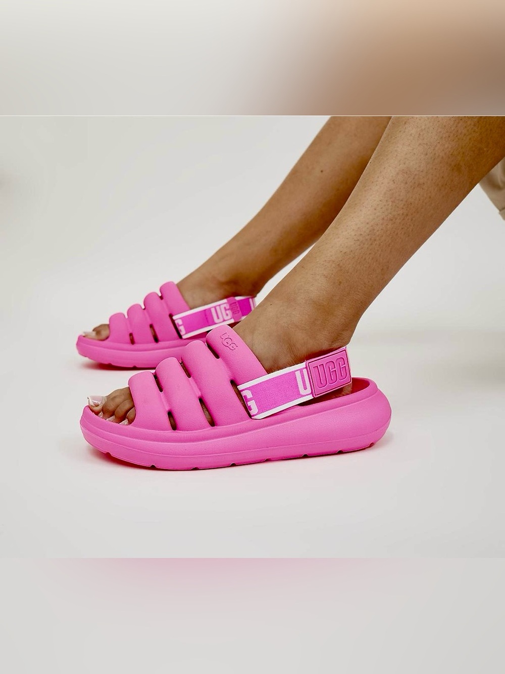 UGG Women's Hot Pink Cushioned Slide Sandals with Branded Heel Strap